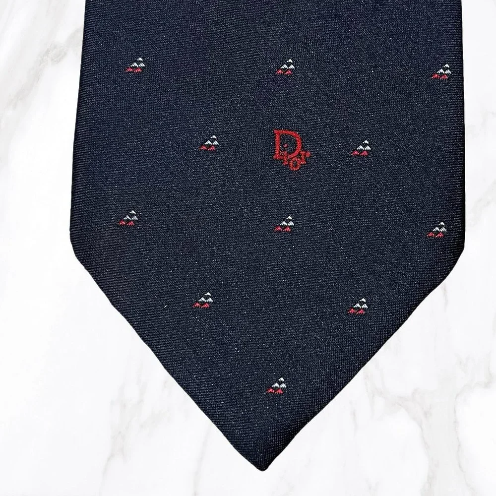 Vintage Christian Dior Navy Blue Silk Blend‎ Graphic Tie, OS